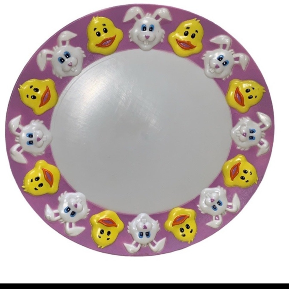 16" Vintage plastic Easter platter 3D bunnies & chick around lavender border